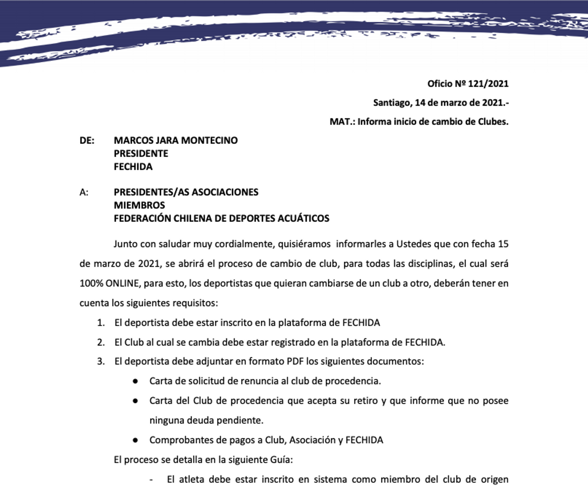 Federación Chilena de Deportes Acuáticos - Oficio Informa cambios de clubes